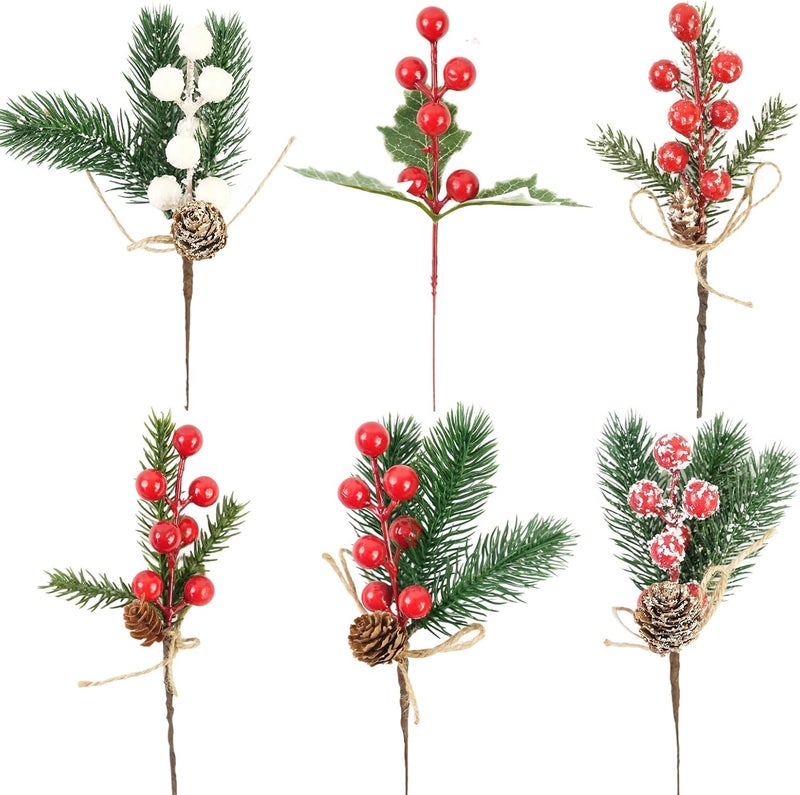 KFJBPB 6 Pcs Artificial Christmas Picks 7 Inch, Holly Berry Stems Pine Cones Pine Stems Holly Leaves Xmas Tree Picks for Crafts Christmas Floral Arrangements Wreath Winter Holiday Decorations (6) - Image 1